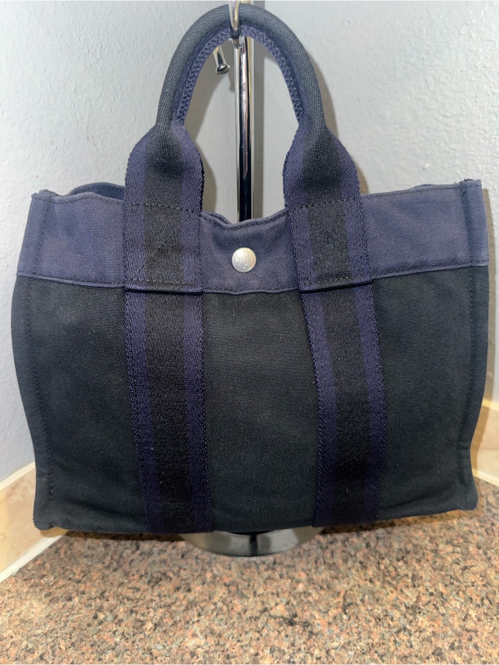 Hermes 💎Black and Navy Canvas small Tote EUC - Picture 2 of 13
